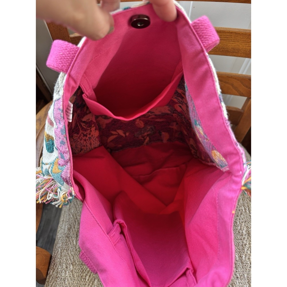 Floral Woven Tote Bag Pink Straps Fringe Boho Reusable Lightweight - Picture 9 of 10